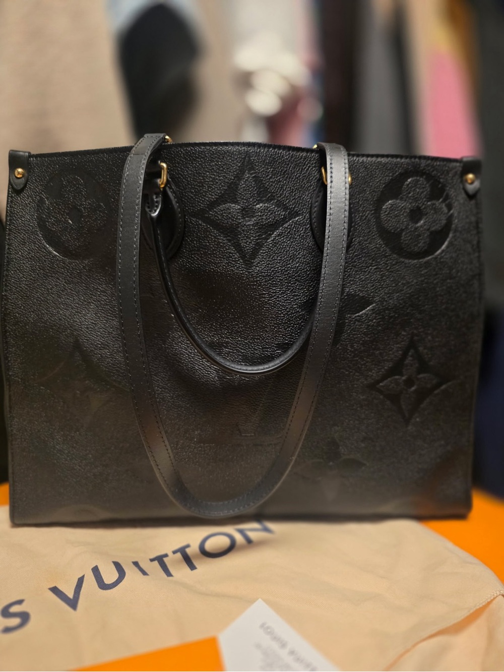 Louis Vuitton Black Monogram Embossed Leather Tote with Box, Receipt, & Dustbag